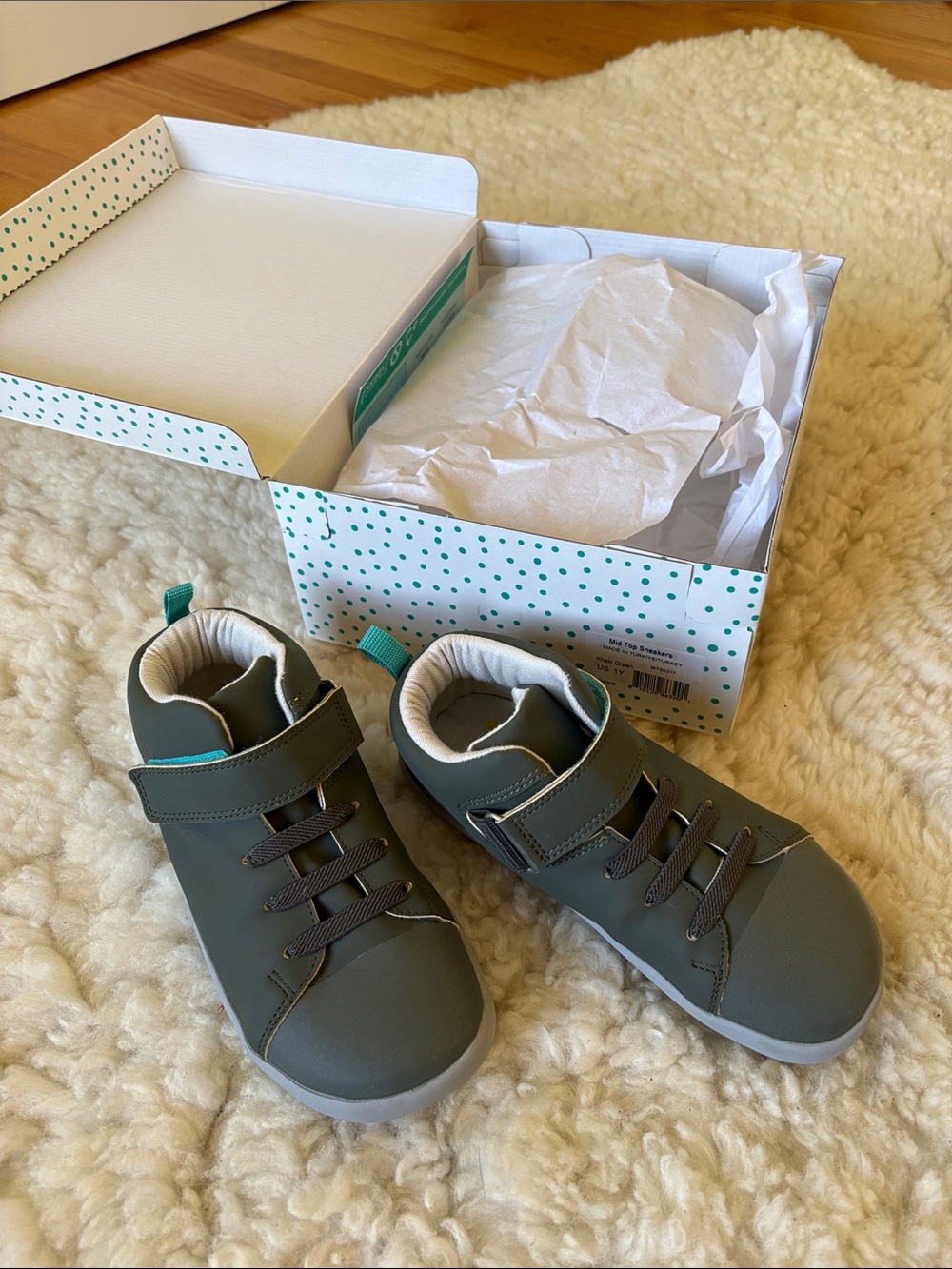 Ten Little Khaki Green High-Top Sneaker with Hook-and-Loop Strap Kids 1Y NIB